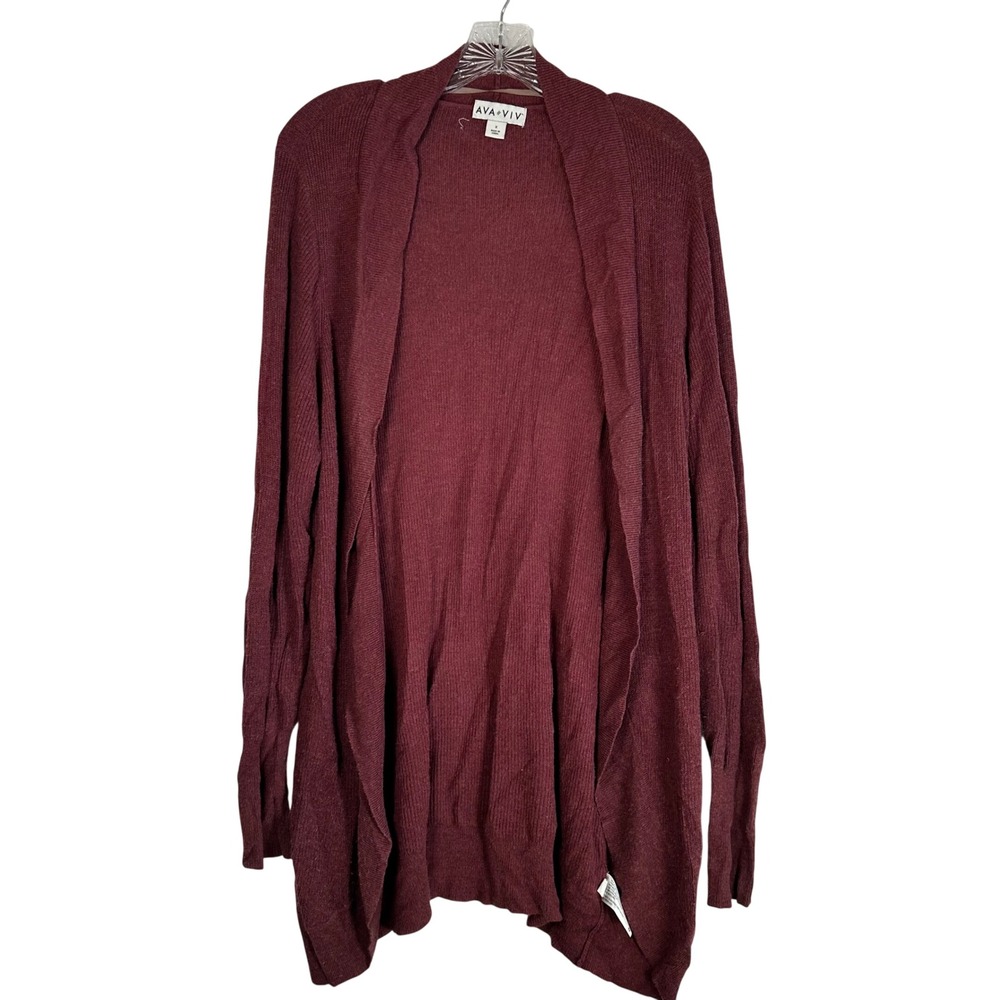 Ava & Viv Womens Burgundy Open Front Ribbed Knit Cardigan Sweater Size X